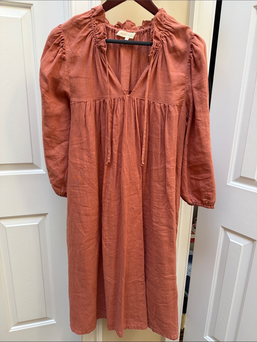 Rust Midi Peasant Dress with Tie Neck